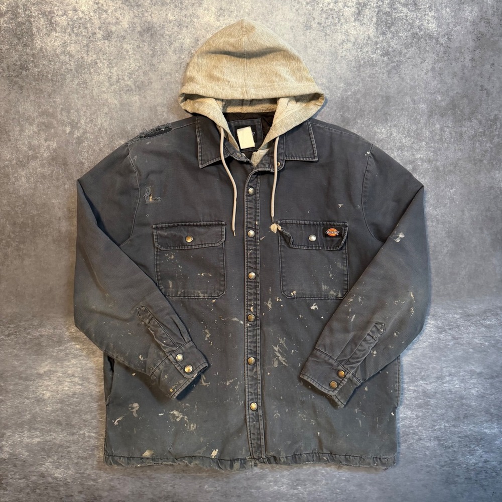 Dickies Mens Distressed Canvas‎ Hooded Shirt Jacket Navy Quilt Lined Workwear XL